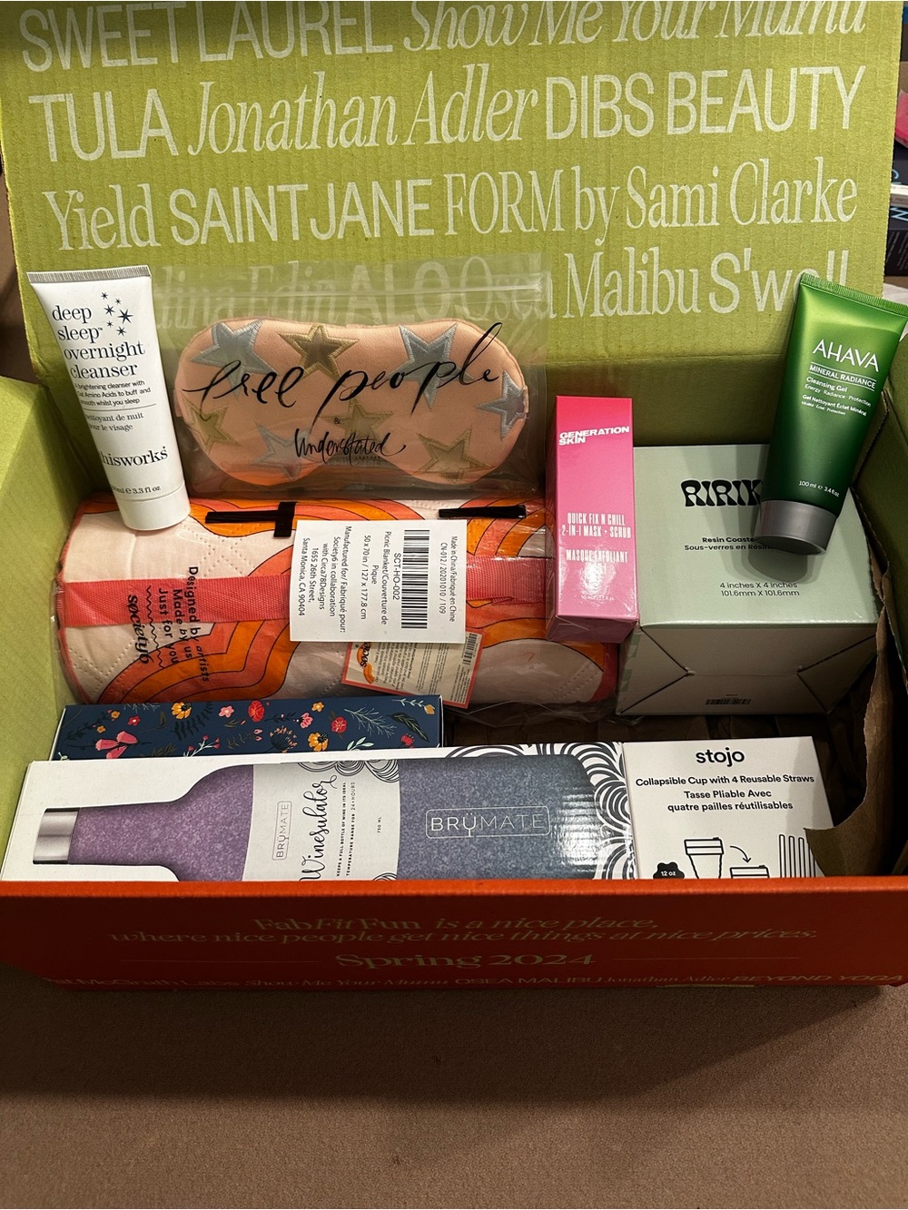 Wow! Brand new Fit Fab Box 9 items Ahava, Free People, picnic blanket, coaster++